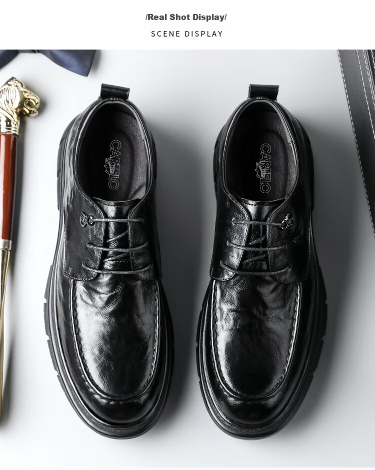 CARTELO British Men's Leather Shoes, Breathable Business Formal Shoes, Hand-Scratched Pattern Low-Top Thick-Soled Leather Shoes for Men, 9905 Black, Size 41 13