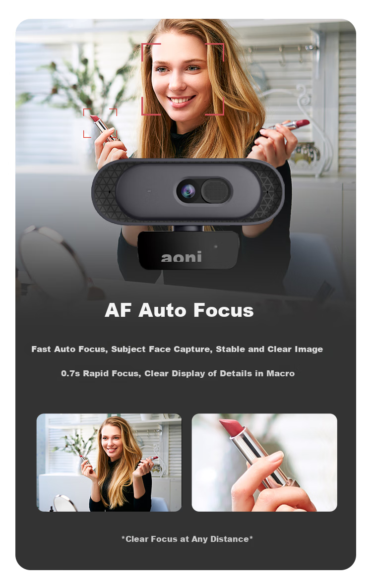 Aoni Computer Webcam, 2K Ultra HD, Auto Focus, with Microphone, for Desktop And Laptop External Use, Home Online Classes, Video Conferences, Live Streaming, Product Promotion, Plug-And A50 5