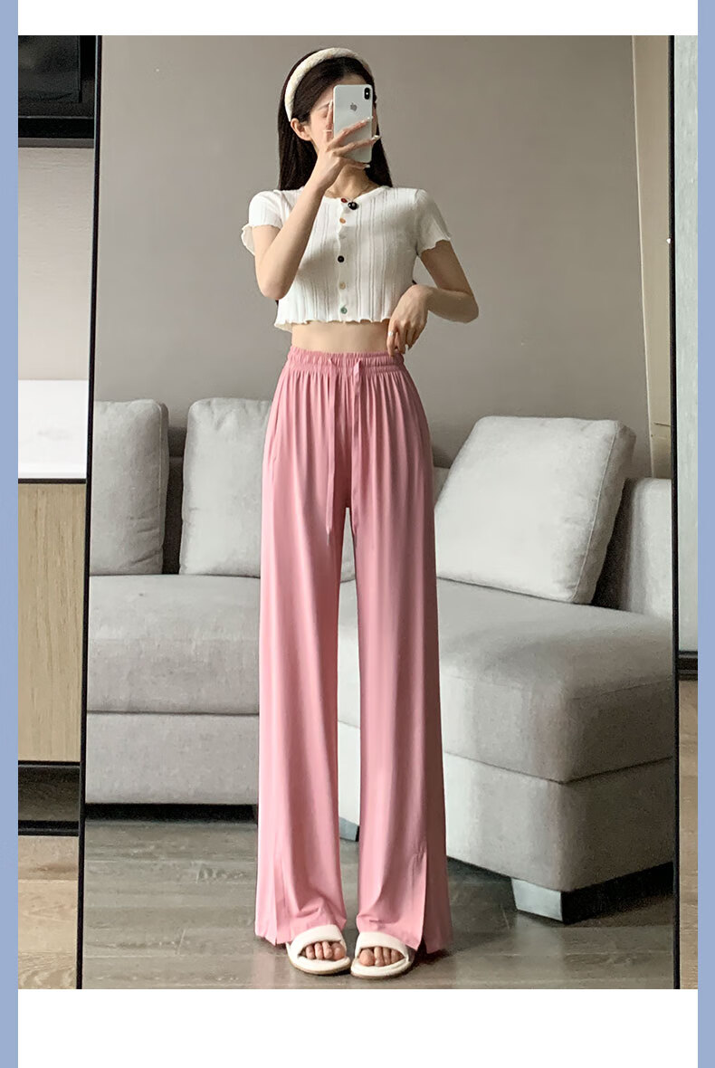 LangSha Ice Silk Wide-Leg Pants for Women, Summer Lightweight High-Waist Draping Loose Casual Straight-Leg Slimming Side-Slit Sports Sun Protection Women's Trousers 23