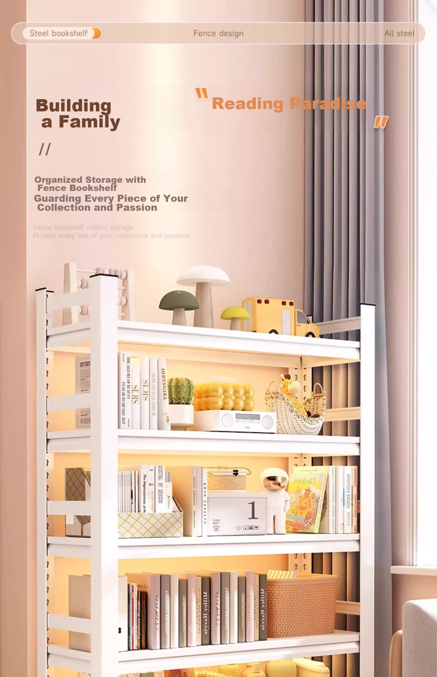 Moxiao Steel Bookshelf, Multi-Tier Floor-Standing Bookcase for Home, Student Living Room Storage, Book Rack, White, 60*30*160 2