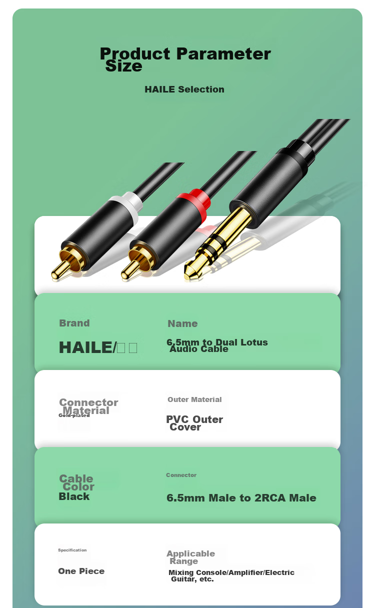 HAILE 6.5mm to Dual RCA Audio Cable, 6.35mm Male to 2RCA Red And White Male, Amplifier Mixer to Speaker Converter Cable, 5 Meters, HT-6L2 7