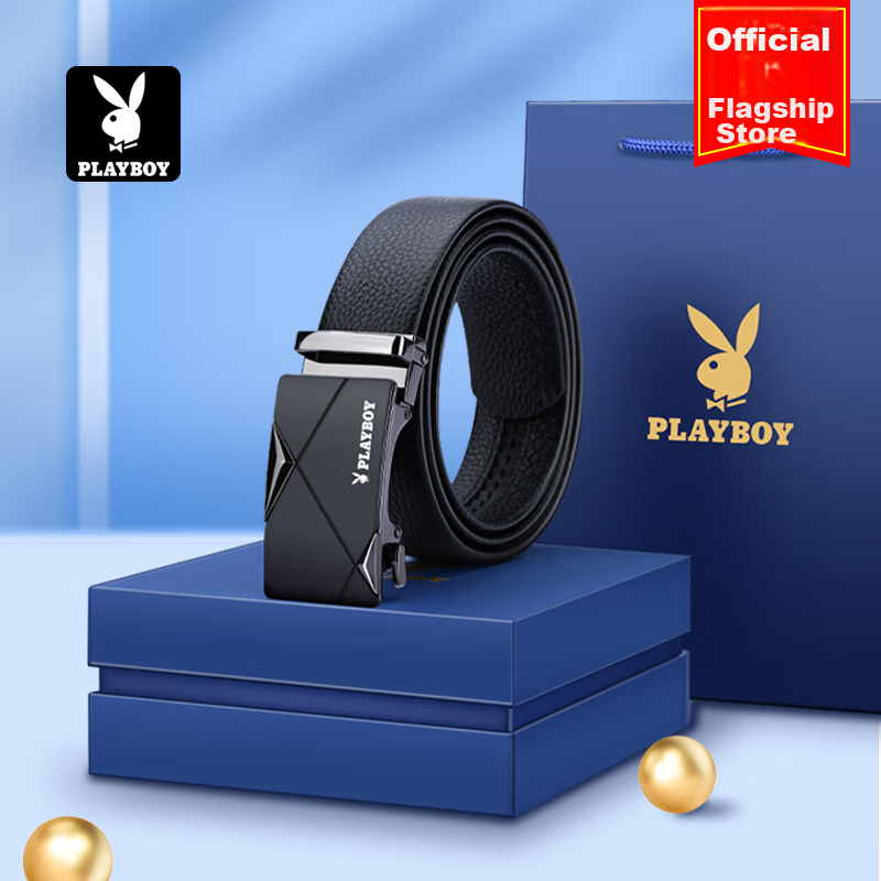 PLAYBOY Gift Box Belt, Men's Top-Grain Leather Automatic Buckle Genuine Leather Waistband Practical Trouser Belt, Birthday Gift for Boyfriend Or Father