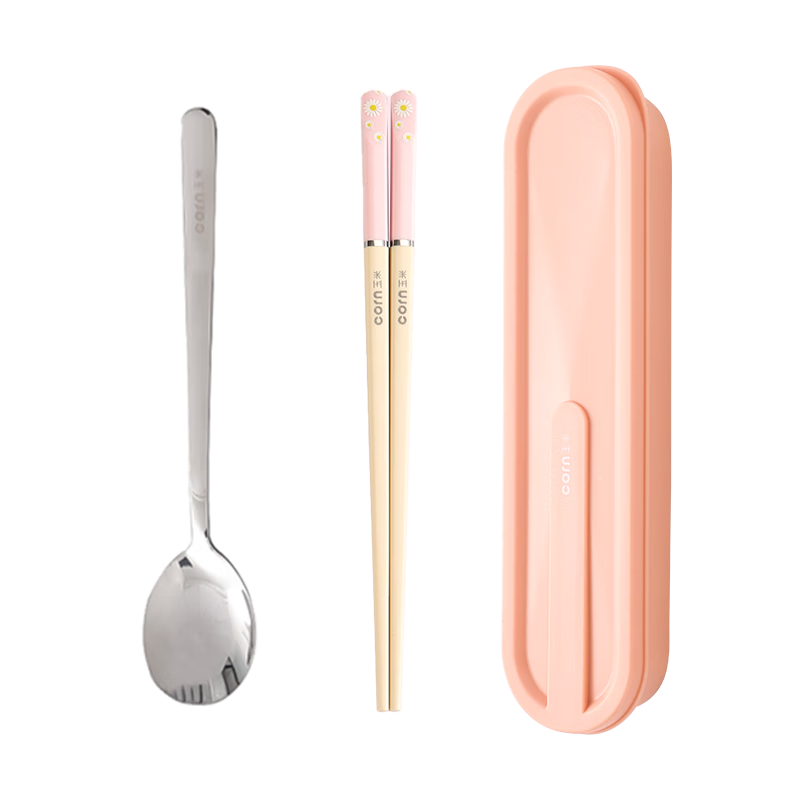 CORN Portable Tableware Children's Chopsticks And Spoon Set for Elementary School Students, Alloy Chopsticks And Spoon Three-Piece Set with Storage Box