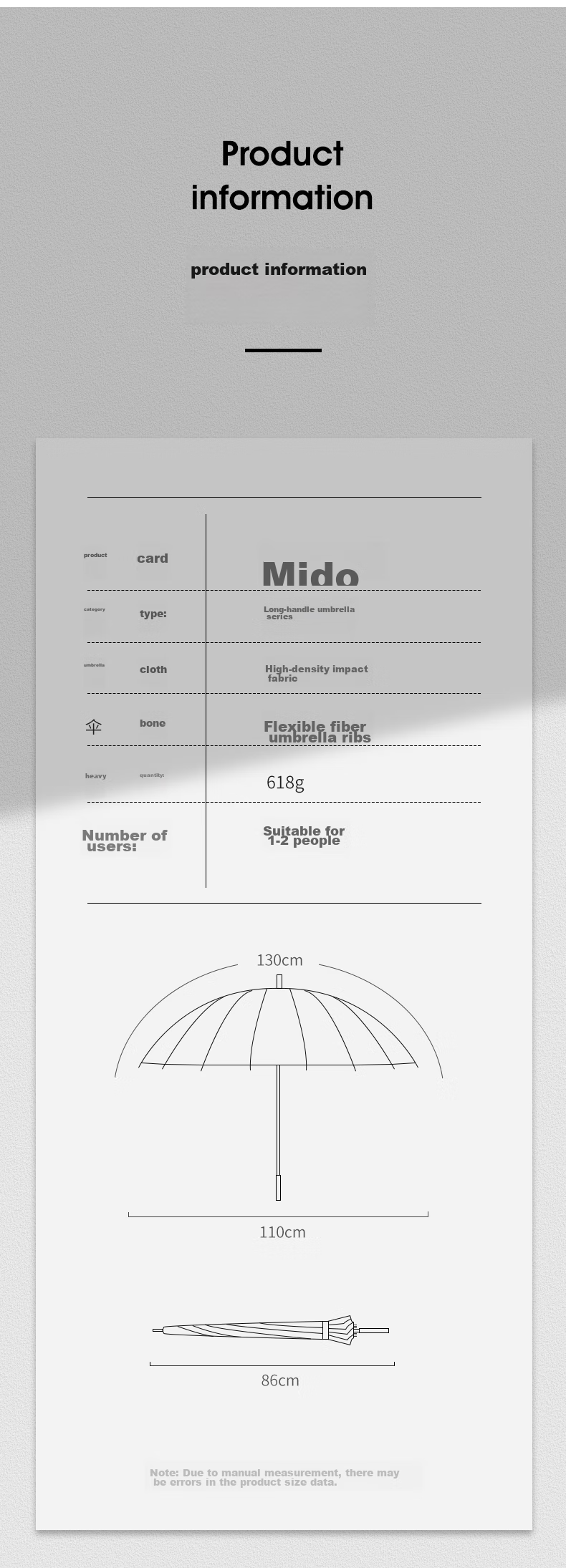 MAYDU Umbrella, Long Handle, Large Size, 24 Ribs, Reinforced And Thickened, Double-Person Umbrella, M5003, Smog Blue 18