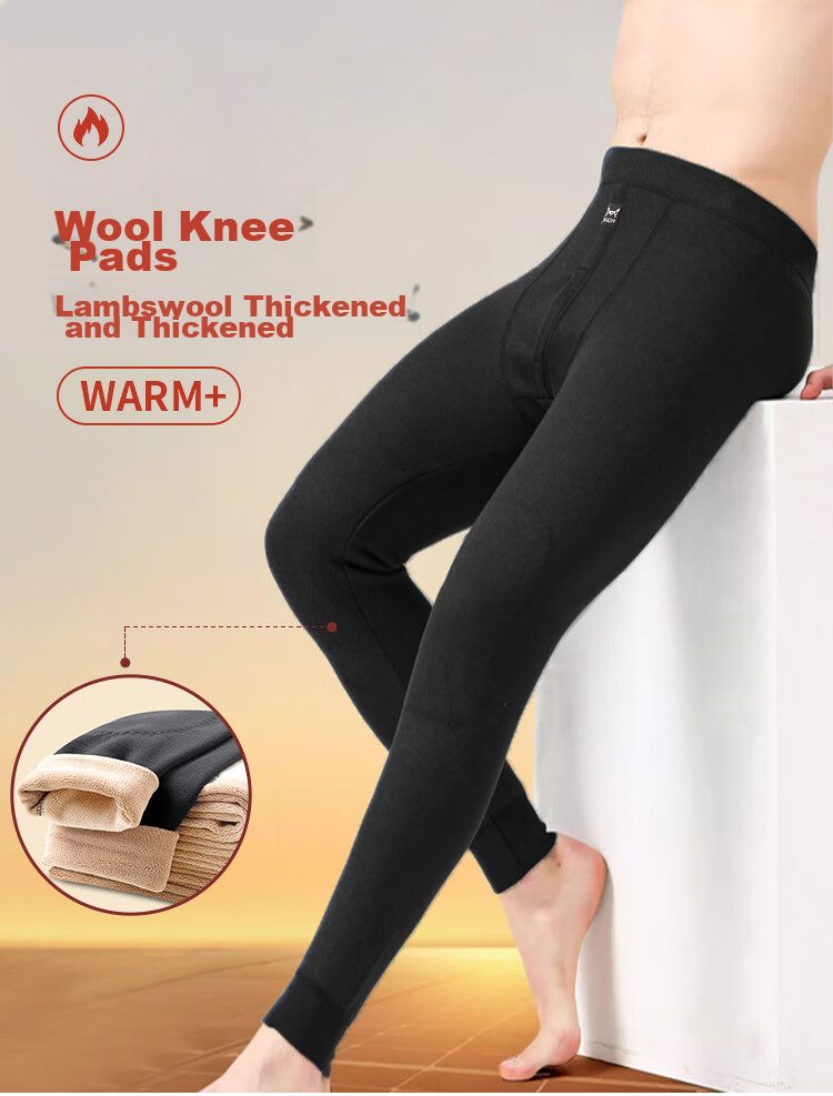 MiiOW Wool Knee Pads for Men, Thermal Underwear, Fleece-Lined Thick Autumn Pants, Cotton Trousers, Winter Large Size Cold-Proof Base Layer Pants 1