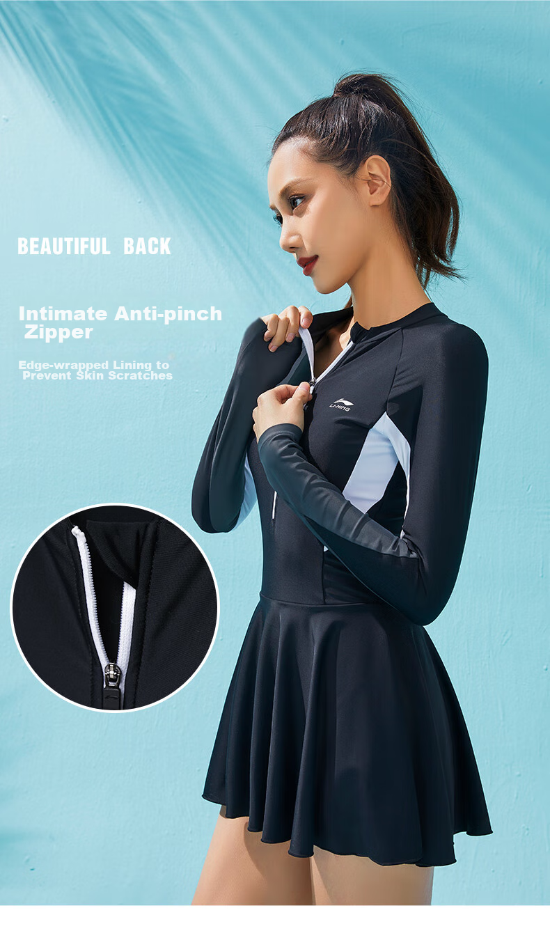 Li-Ning One-Piece Swimsuit for Women, Dress-Style with Color Block Design, Slimming Conservative Swimwear 087, Black And Gray, XXL 8