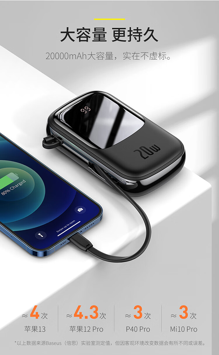 倍思 充电宝自带线20000毫安时 小巧便携20w快充pd户外移动电源 智能