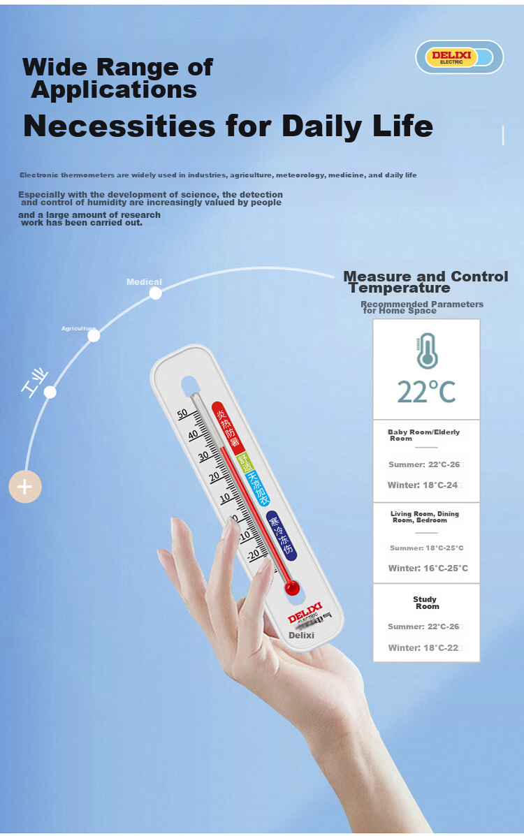 DELIXI ELECTRIC Thermometer, Indoor Glass Tube, High-Precision Household Use, Wall-Mounted for Baby Room And Greenhouse, Humidity And Temperature Meter for Breeding 8
