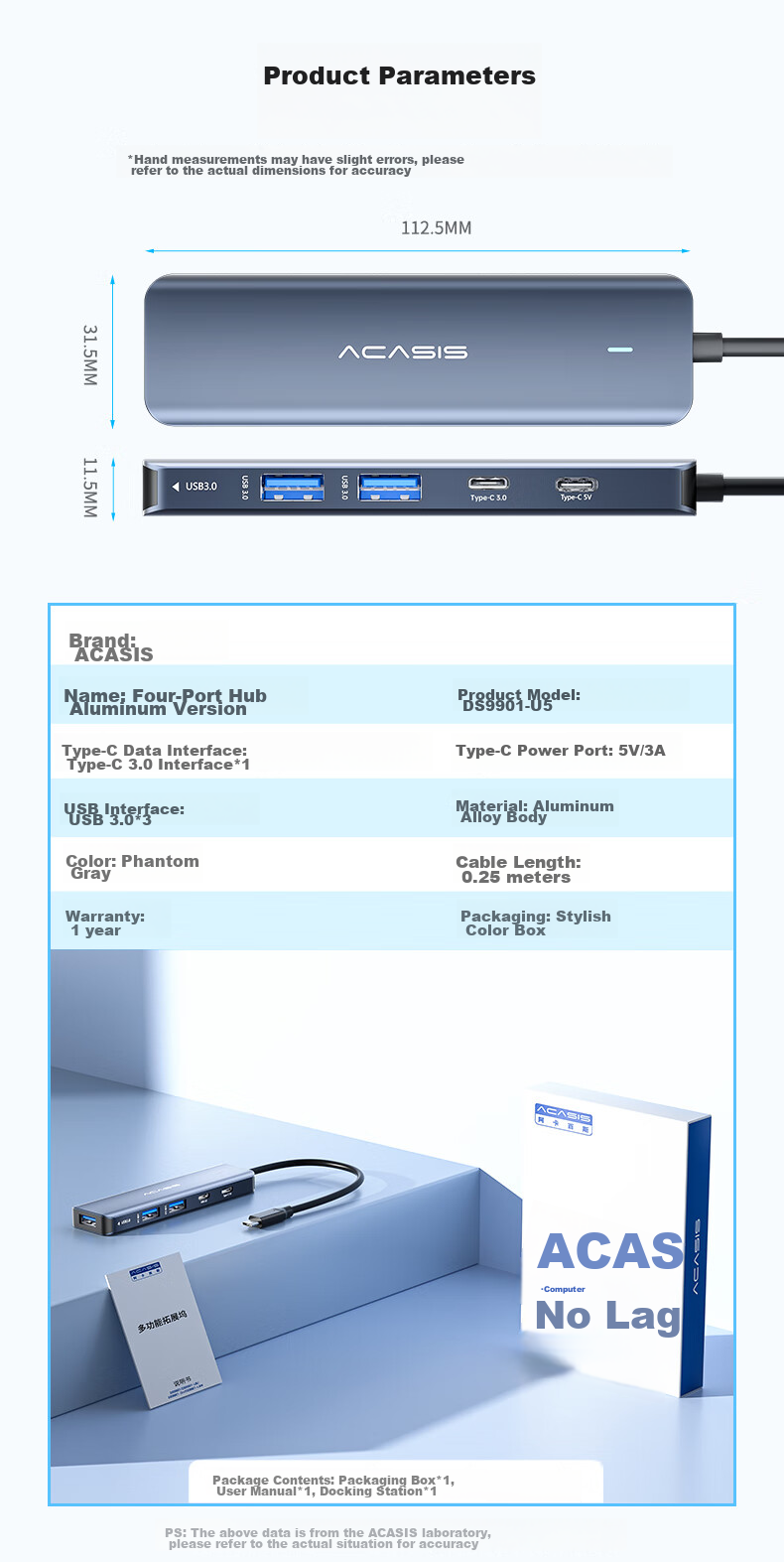 Acasis Type-C Expansion Dock, Apple Mac 5-In Desktop Hub, Computer Desk, Type-C to USB Adapter, USB 3.0 Hub, Video Adapter for Phones And Tablets, DS-9901 18