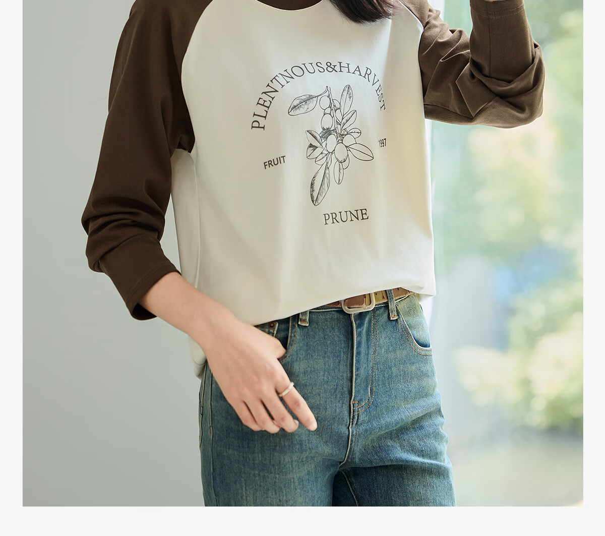 Chushen Spring And Autumn Long-Sleeve T-Shirt for Women, Wilderness Maillard Round Neck Contrasting Color Splicing Simple Loose Base Shirt S143T2022 8