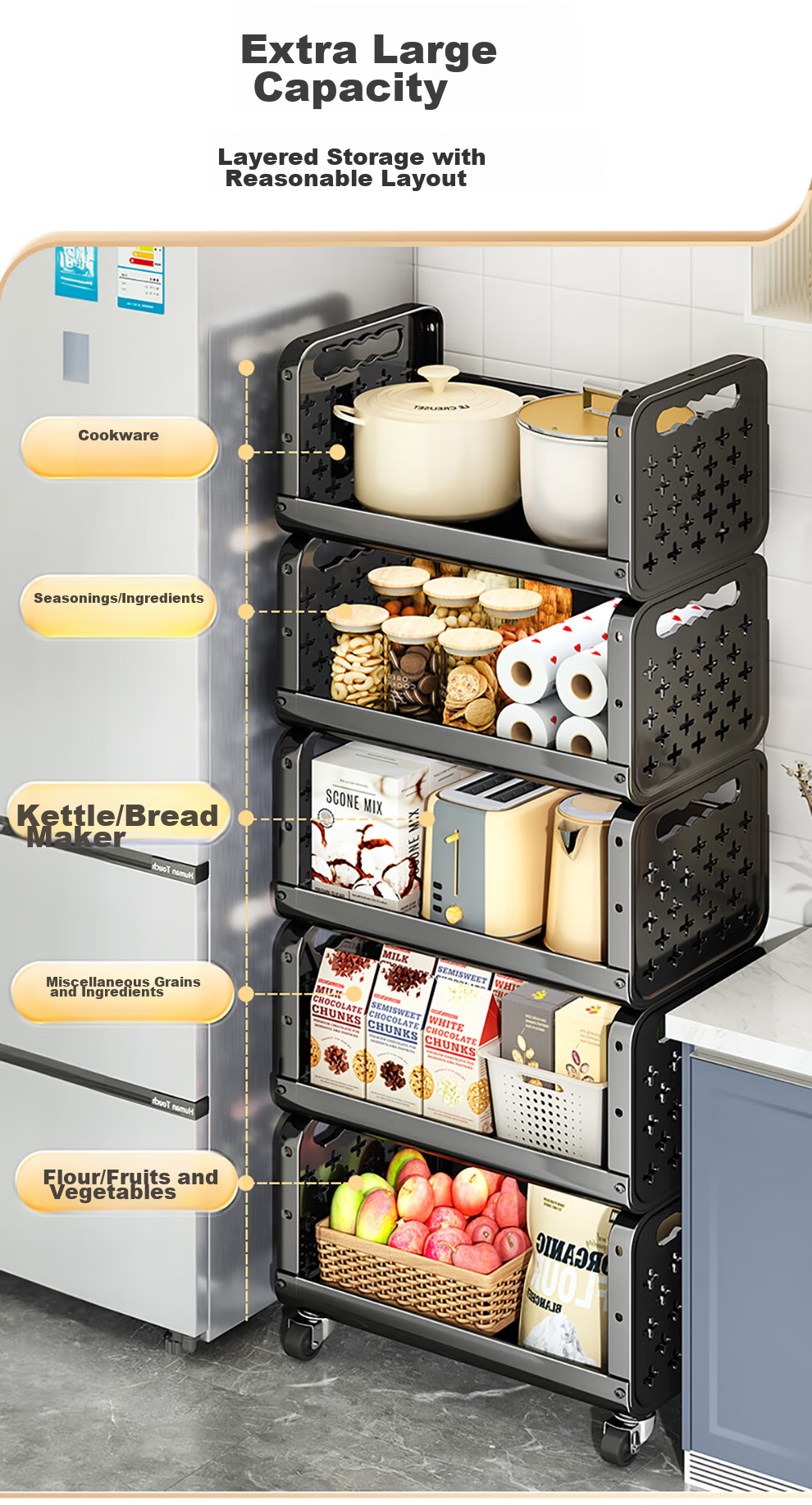 Shuaishi Kitchen Storage Rack, Fruit And Vegetable Organizer, Vegetable Shelf, Snack Trolley, Floor-Standing Basket 4