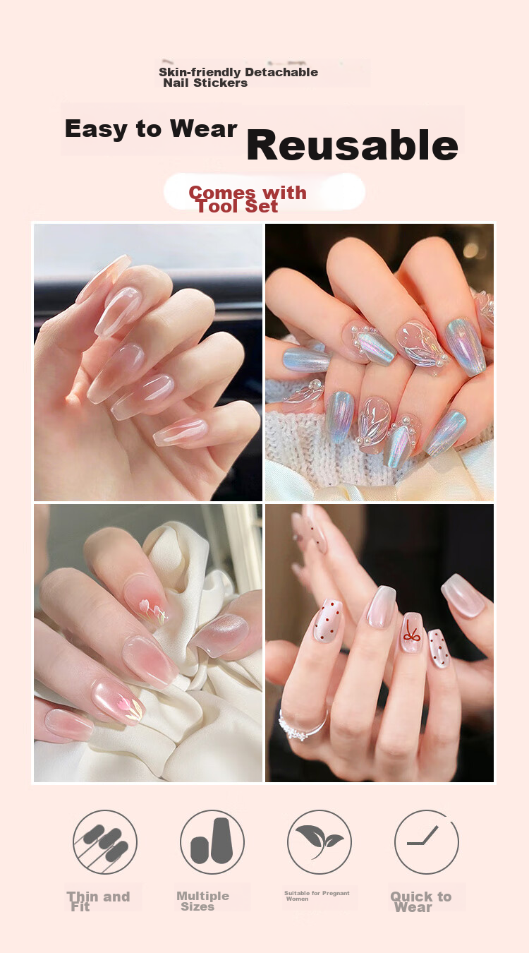 Meifuyu Nude Nail Stickers Wearable Nails (Mianmian Nail), Long Fake Nails, Jelly Gel Removable, with Tools, MF8326 1