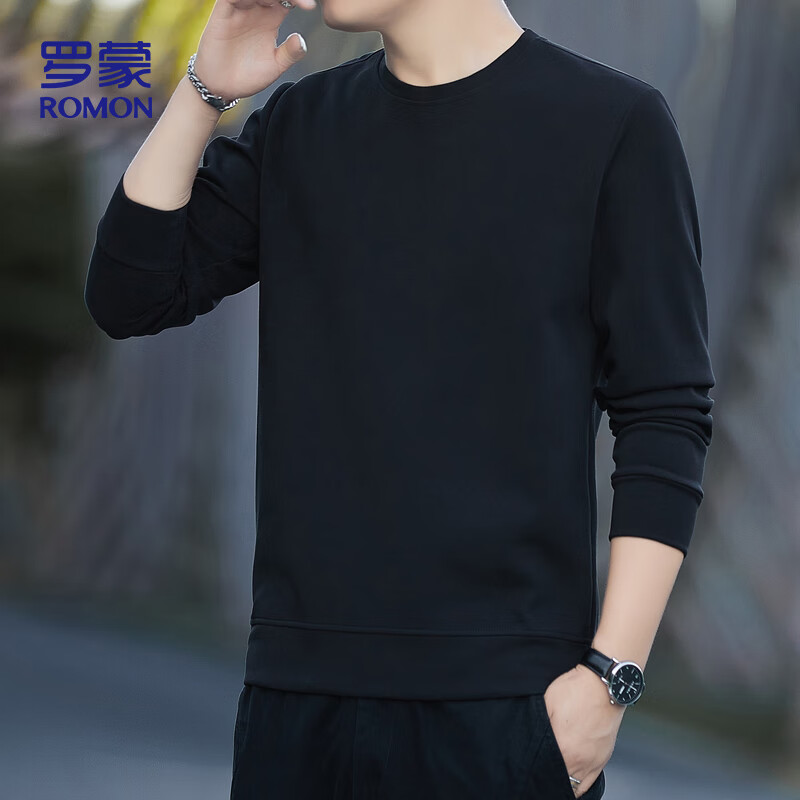 ROMON Men's Sweatshirt Spring and Autumn Long Sleeve Pullover T-Shirt Casual Comfortable Jacket Base Shirt 8170 Black L
