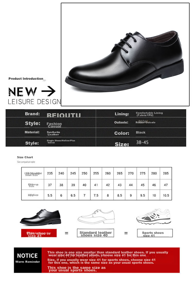 BEIOUTU Men's Lace-Up Formal Business Shoes, British Style Comfortable Work Commute Leather Shoes for Men, Size 178 Black, Size 39 5
