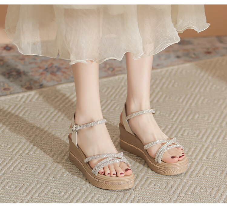 ZHR Women's Shoes, Summer Wedge Versatile Sandals, Fashionable Rhinestone Platform Slimming Beach Shoes for Women, AY161, Apricot Color, Size 35 29