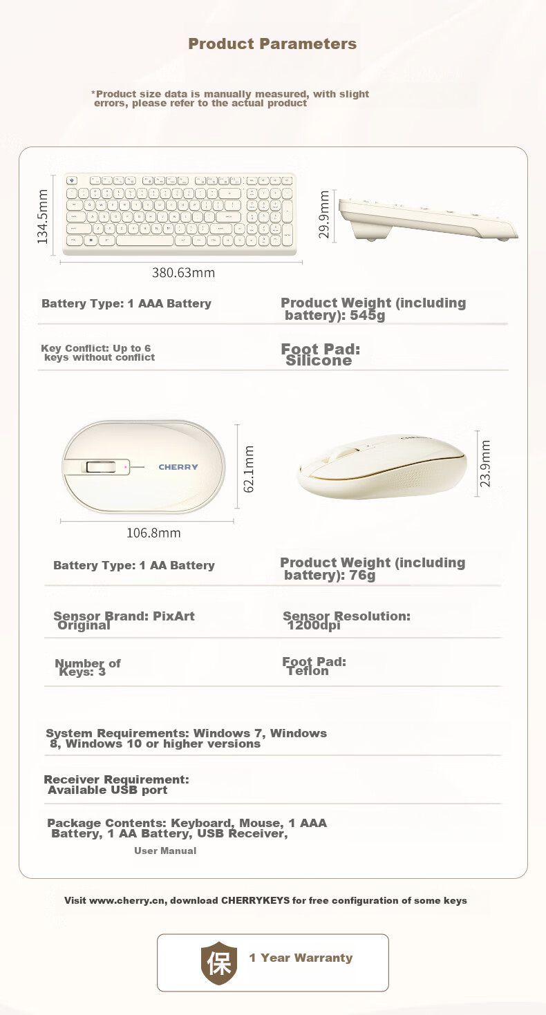 CHERRY DW2380 Wireless Keyboard And Mouse Combo Upgraded Version, 98-Key Quiet Membrane Keyboard, Mouse for Laptop, Cute Design for Girls, External, Wuyuan Gree 13