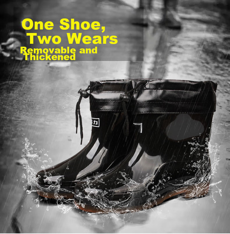Huili Men's Winter Mid-Calf Waterproof Rubber Shoes with Fleece Lining, Detachable Warm Rain Boots, Overshoes 6557 Black Size 39 1