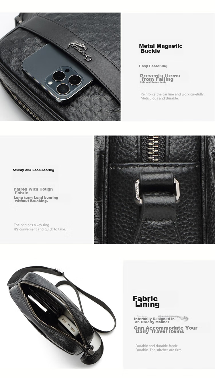 CROCODILE Top-Grain Leather Plaid Business Casual Shoulder Bag, Men's Vertical Crossbody Bag XT2045, Gift for Boyfriend 17