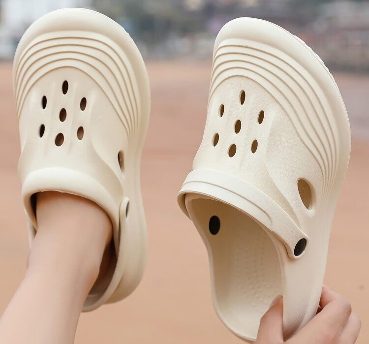 Huameijianbu Plain Color Men's Perforated Slippers, Indoor And Outdoor Wear, Shock-Absorbing, Non-Slip, Beach Sandals, HL2434, Off-White, Size 42-43 21