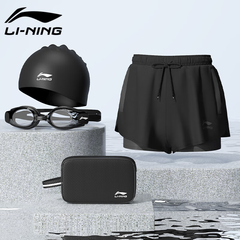 Li-Ning Men's Swim Trunks, Double-Layer Anti-Embarrassment, Suitable for Both Water And Land Use, Swimming Goggles, Swim Cap, Swimsuit Set for Men, 810 Black, XXL
