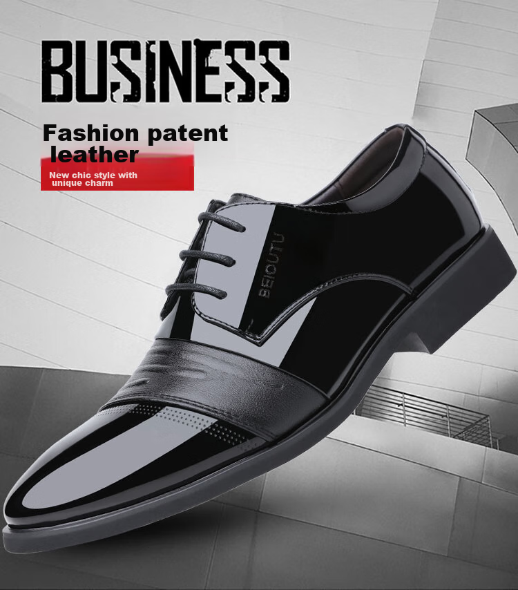 BEIOUTU Leather Shoes for Men, Business Formal Shoes, British Style Low-Cut Lace-Up Patent Leather Wedding Shoes, 2813 Black, Size 42 1