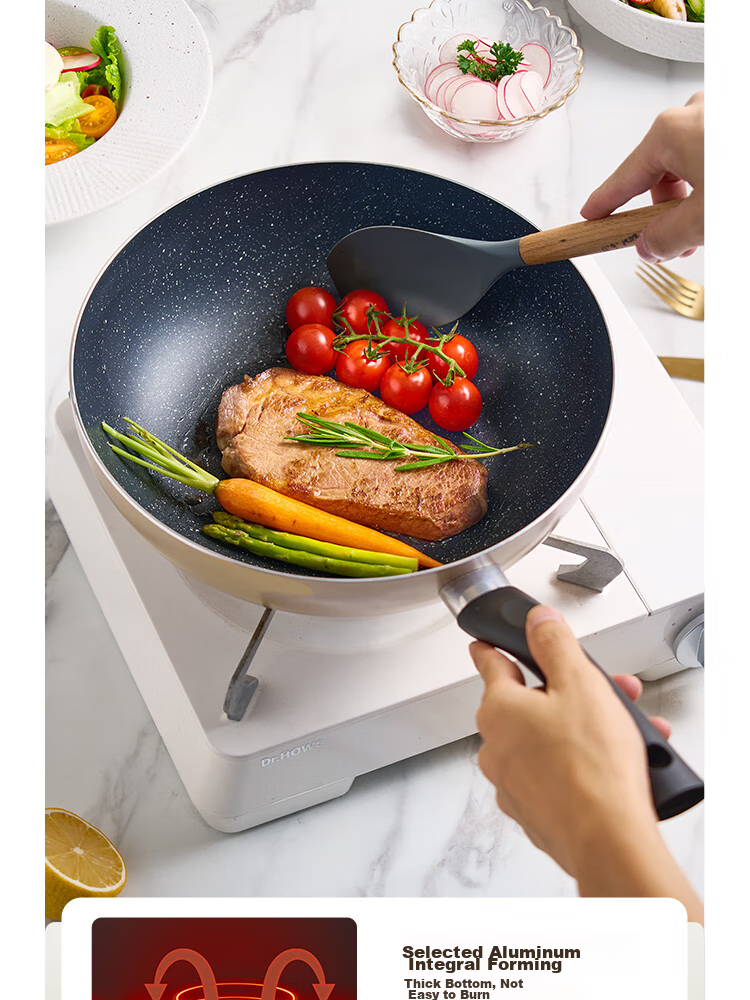 Midea Non-Stick Wok Multi-Functional Household Stir-Fry Pan Flat Bottom Frying Pan Gas Stove Induction Cooker Compatible Low Oil Smoke 8