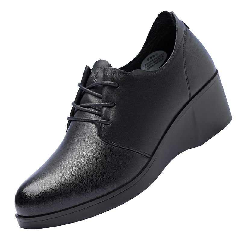 SPIDER KING Women's Low-Cut Leather Shoes Comfortable Versatile Thick Sole Wedge Work Professional Mom Shoes Black Size 35