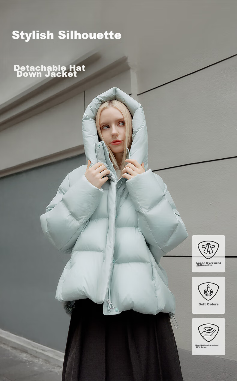Tanboer Women's Short down Jacket with Detachable Hood, Fashionable Oversized Autumn And Winter Coat, Thick 530368D, Frost Blue, Size 160 2