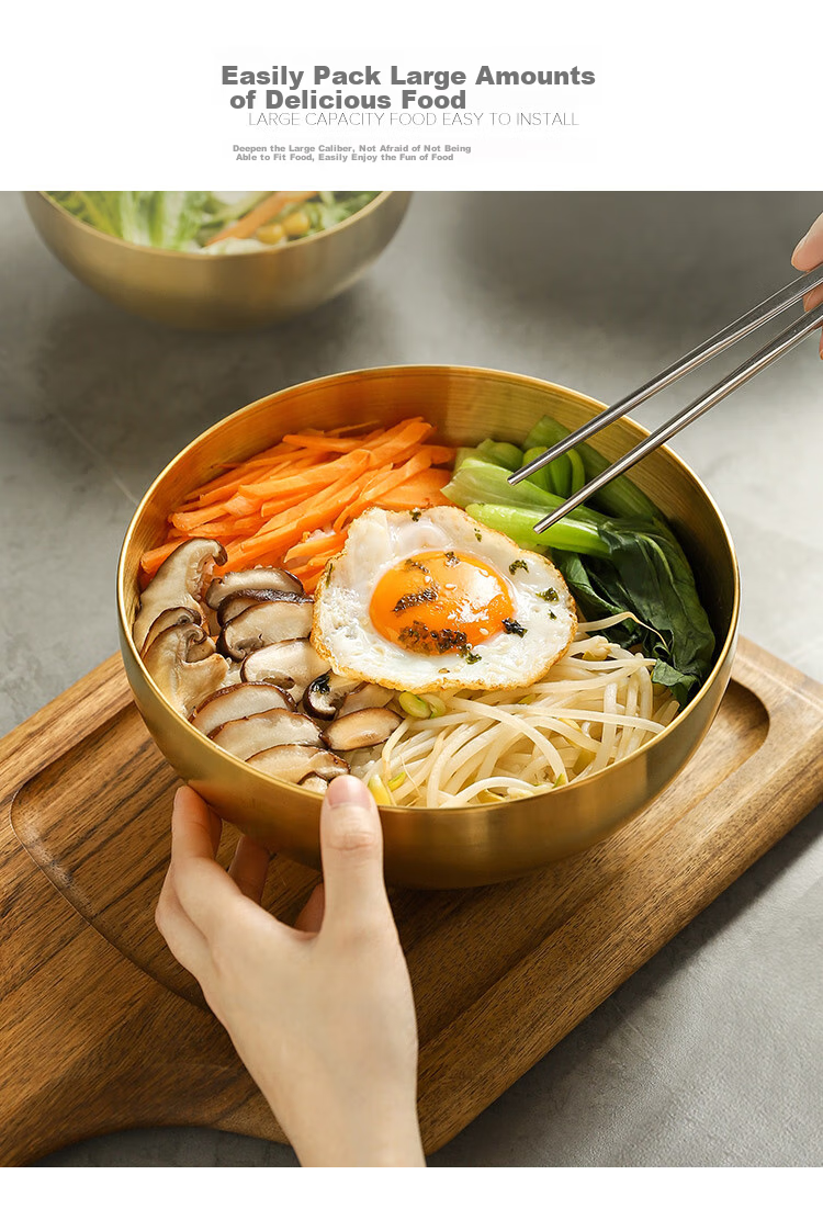 Quanshi Korean Stainless Steel Cold Noodle Bowl, 20cm Large Soup Bowl, Ramen Bowl, Korean Bibimbap Serving Bowl, Salad Bowl, Gold Color 8