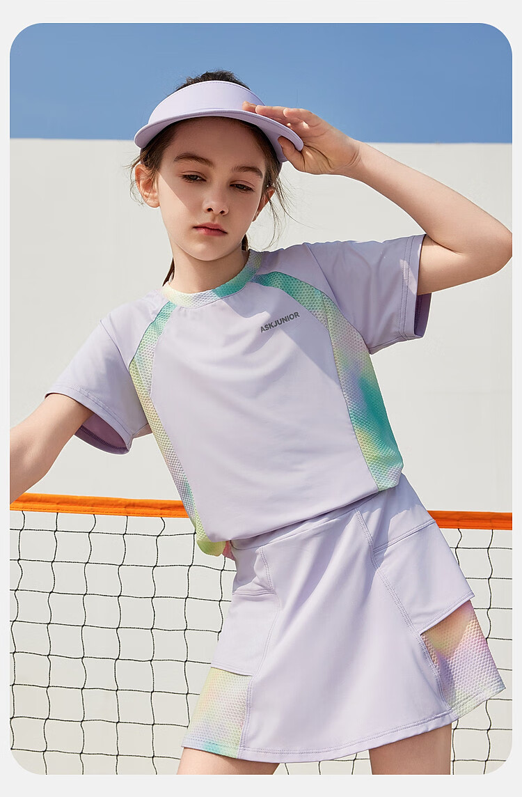 ASK JUNIOR Girls' Sports Set, Summer New Style, Lightweight Breathable Quick-Dry Short-Sleeve Top + Skirt, Ice-Cool Two-Piece Tennis Outfit 10