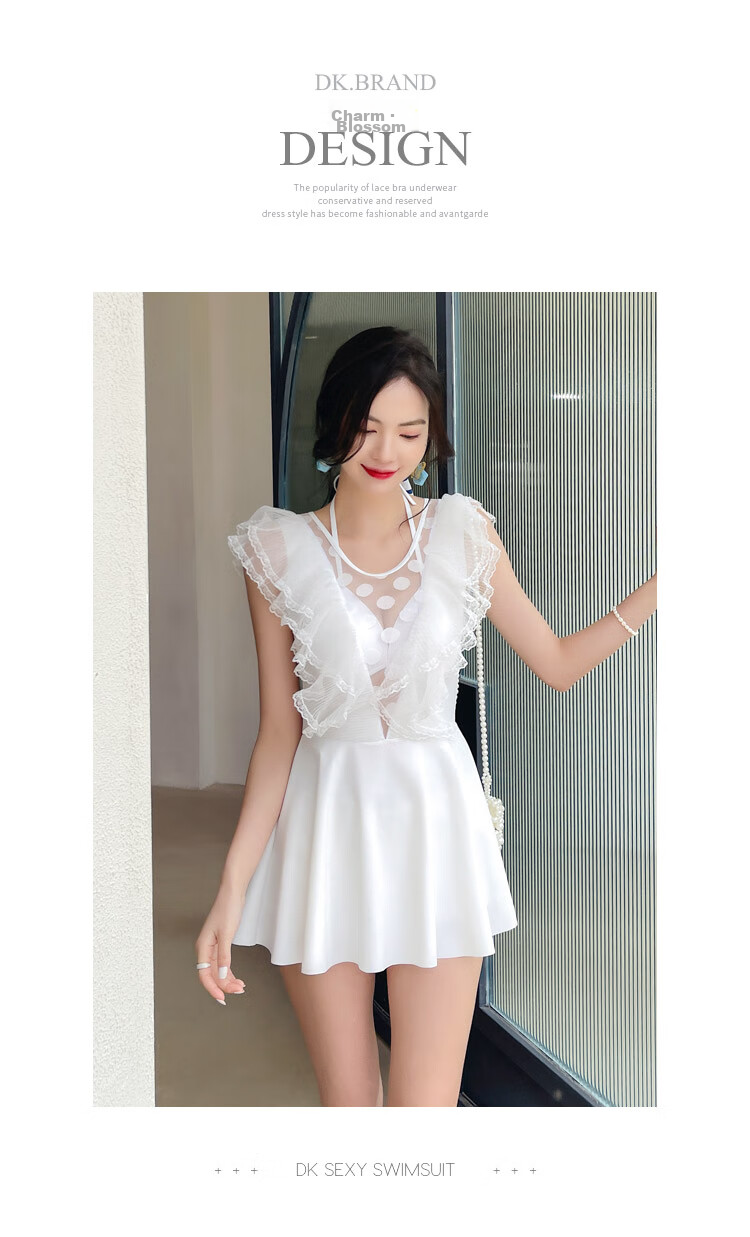 DK Swimsuit for Women, Sexy Small Chest Push-Up Conservative Tummy-Covering Slimming Korean Vacation One-Piece Dress Swimwear Hot Spring White M 9