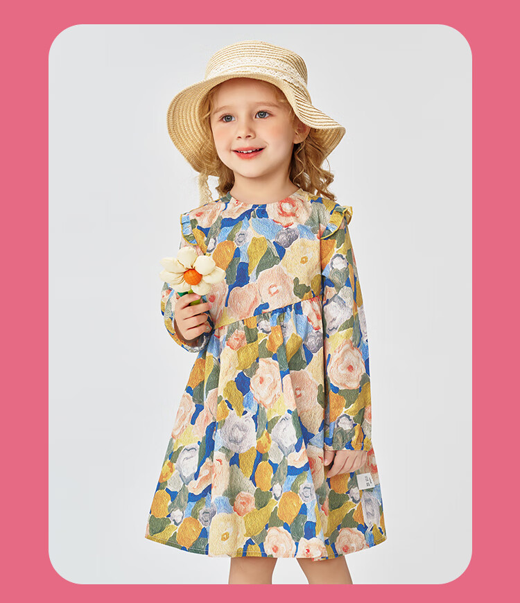 Classic Teddy Girls' Dress, Children's One-Piece Dress, Pure Cotton Princess Dress for Young Children, Floral Long Dress, Pink, Size 110 11