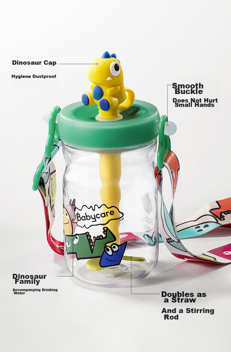 Babycare Dinosaur Straw Water Bottle for Children, Direct Drinking Cup for Toddlers, Kindergarten And Elementary School Water Bottle for School, Outdoor Sports Pink 14