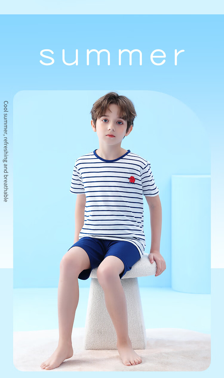 LangSha Children's Pajamas for Boys, Summer Thin Style, Youth Short-Sleeve Shorts, Student Pure Cotton Home Wear Set, Size 160 7