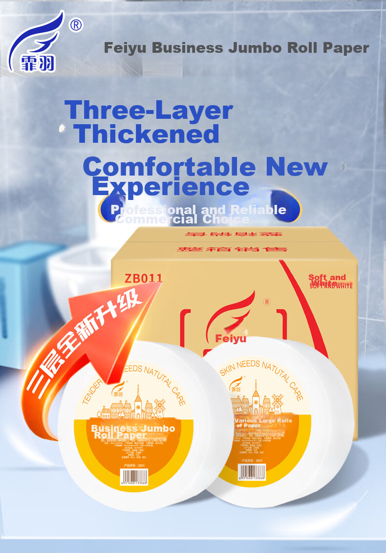 Feiyu Core Large Roll Toilet Paper, 3-Ply, 600g*12 Rolls, Commercial Bulk Paper Roll, Hotel Toilet Paper, Whole Box Sales, ZB011 1