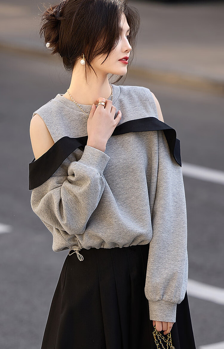 Dme [Designer Private Label] Spring And Autumn Round Neck Ruffle Contrasting Color Off-Shoulder Pique Air Layer Sweatshirt Women's Top 9