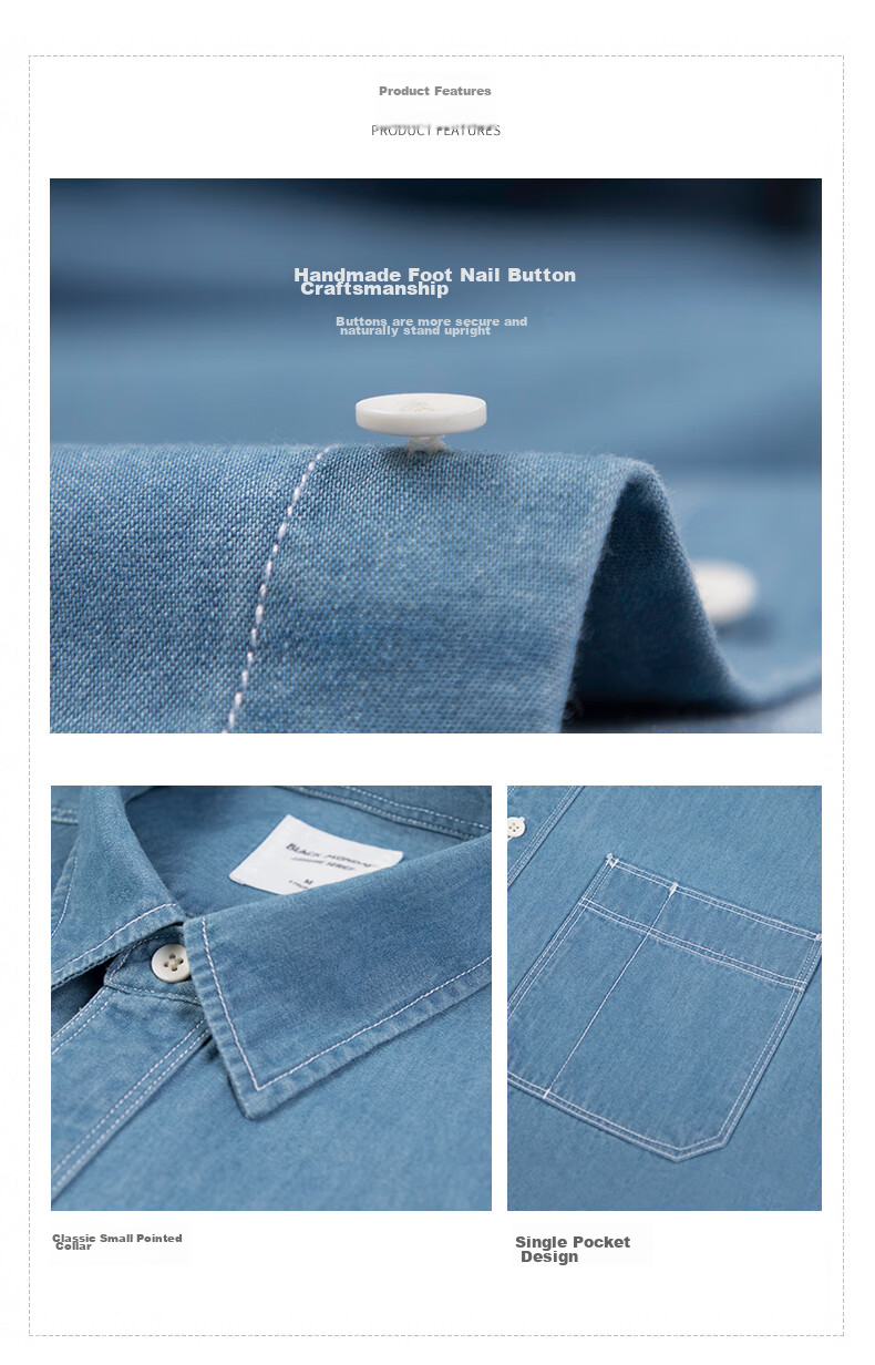 BLACKMONDAY Pure Cotton Vintage Washed Denim Shirt, Men's Business Formal Wear, Single Pocket Casual Long-Sleeve Shirt Jacket 16