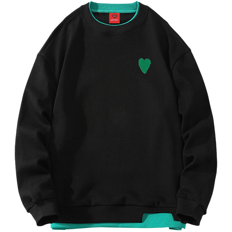 Chaersitaoxin Crew Neck Sweatshirt, Unisex Couple Matching Style, Long Sleeve, Solid Color, Simple Loose Fit, Faux Two-Piece Knit Top, Black, L