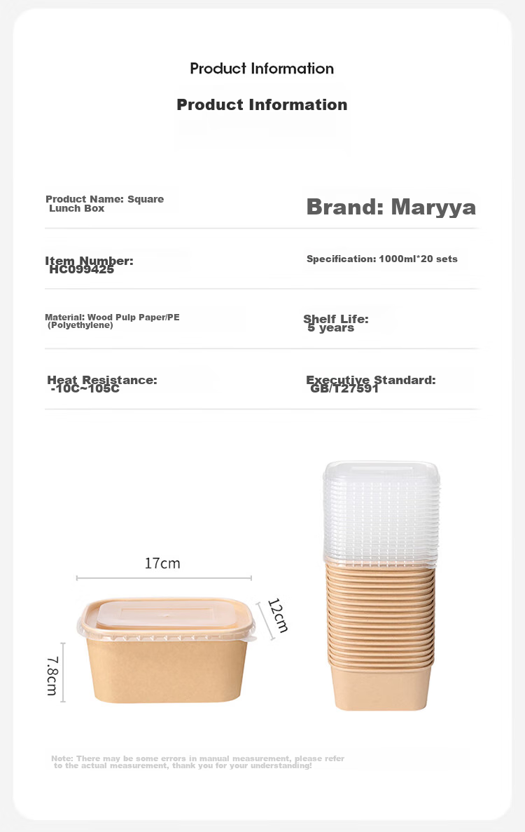 MARYYA Disposable Square Food Containers 1000ml*20 Sets, Food-Grade Picnic Takeout Fruit Kraft Paper Packaging Boxes with Lids 3