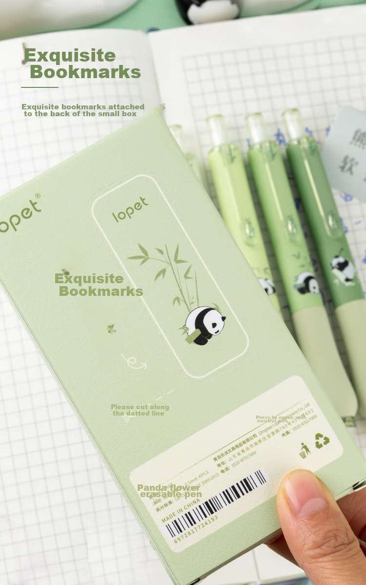LOPET Blue Erasable Pen, Crystal Blue Erasable Gel Pen, Retractable Water-Based Pen, 0.5mm, for Third Grade Elementary School Students, Erasable Pen, Thermal Signature Pen, 4 Pens, LT-1607 Panda Huahua 9