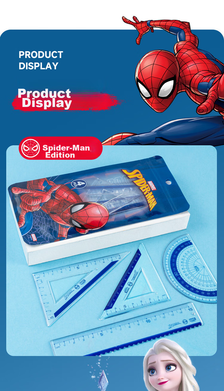 Disney Student Ruler Set with Straight Ruler, Triangle Ruler And Protractor Combination Pack Children's Exam Drawing Stationery Ruler Set Spider-Ma 10