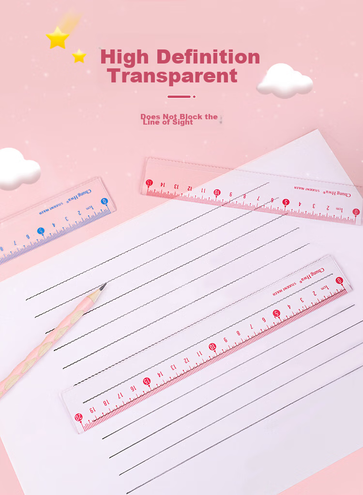 Zhonghua (Chung Hwa) Explosion-Proof, Wear-Resistant, High-Precision Plastic Straight Ruler, 20cm Multiple Sizes, Student Ruler for Drawing And Measurement, Scribing Ruler, Wave Straight Ruler, High Transparency Acrylic, RB0007 Pink 6