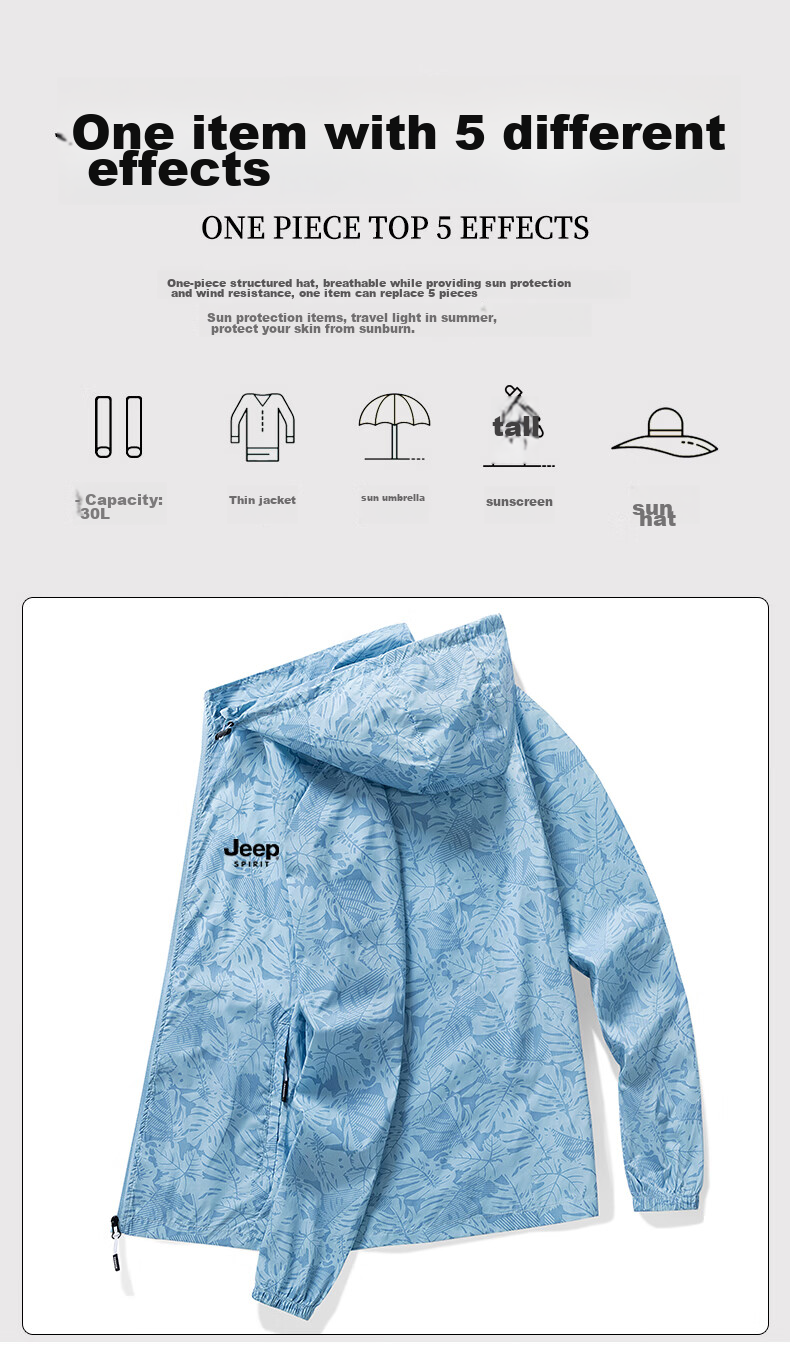 JEEP SPIRIT Men's Sun Protection Jacket, Summer UV-Resistant Hooded Coat, Casual Breathable Skin-Friendly Outerwear, Light Gray, XL 5