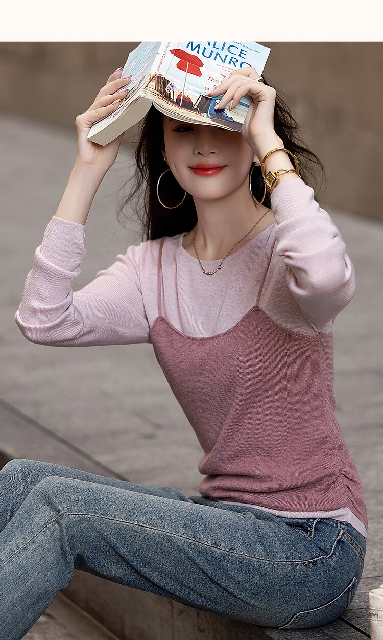 Dme [Raspberry Macaron] Spring And Autumn Girly Faux Two-Piece with Wool Sweater, Lightweight Knit Top for Young Wome 13