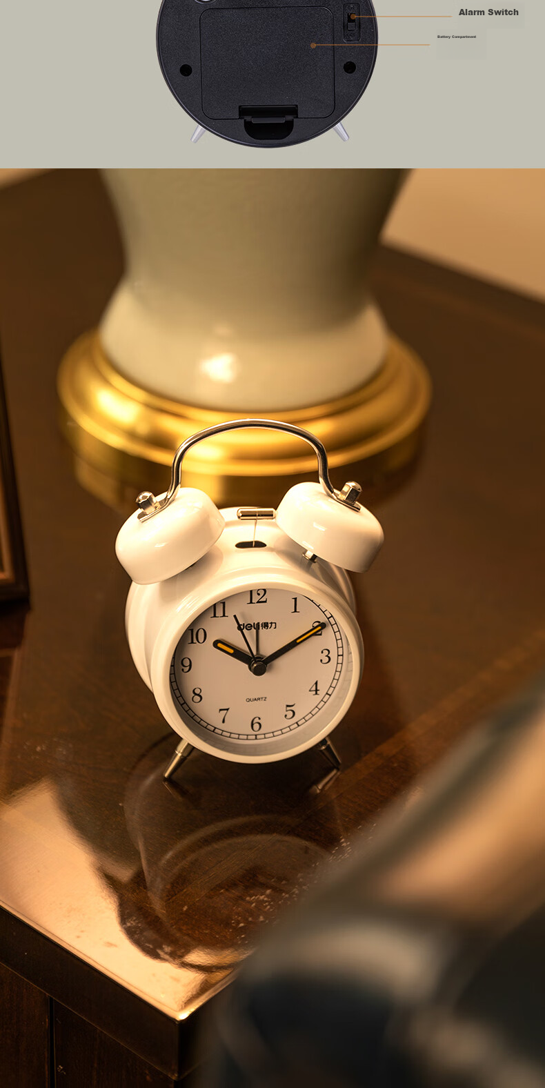 Deli Metal Vintage Pin Alarm Clock, Low Noise Timekeeping Luminous Alarm Clock, Random Color, 9025 Back-To Season New Year Gift 8
