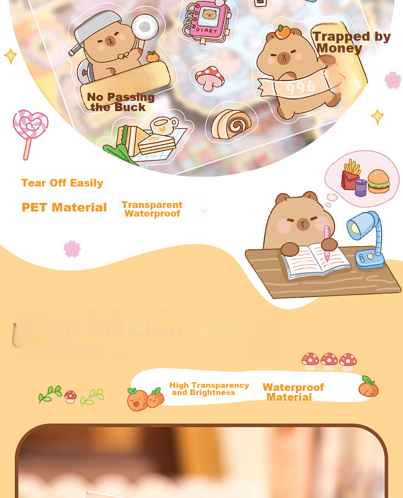 DiLe Journal Sticker Material Set, Cute Cartoon Children's Stickers, Waterproof Transparent Cup Stickers, 100 Pieces, KBX-2316C Shihua Ruomo Gift Set 8