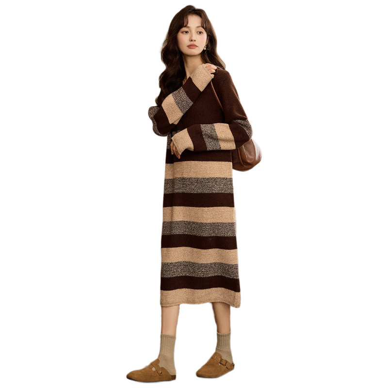 Dme Meilad Style Autumn And Winter Knitted Striped Straight Dress, Gentle And Sweet, Slimming And Youthful Women's Dress, Dark Coffee, S