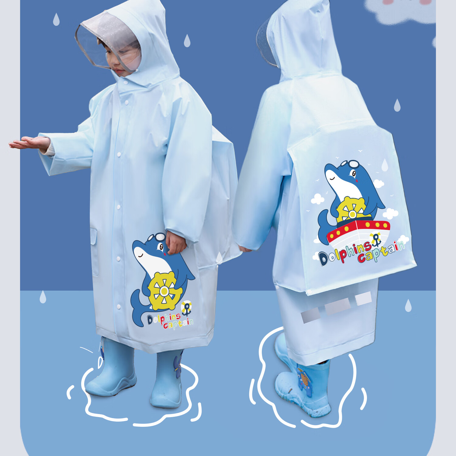 Moremerry Children's Raincoat for Boys And Girls, Full-Body Waterproof with Backpack Space, Elementary School Students' Specialized Rain Poncho, Little Dolphin Design, Size 3XL 24