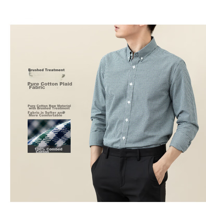 BLACKMONDAY Pure Cotton Brushed Plaid Shirt for Men, Long Sleeve, All Cotton, Wrinkle-Resistant, Formal Business Casual Dress Shirt 6