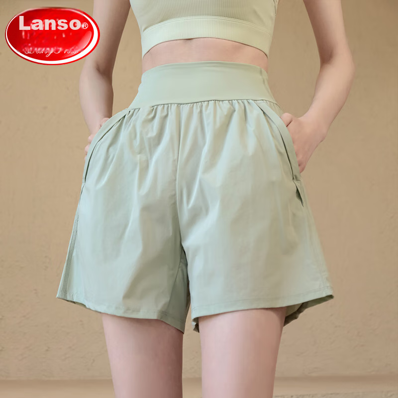 LangSha Women's Sports Shorts, Summer Thin Loose Breathable Fitness Pants, High-Waisted Slimming Running Yoga Pants, Green, M